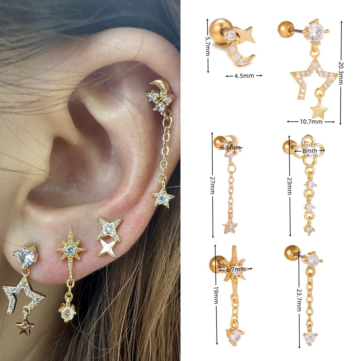 Fashion Jewelry Piercing Star Moon Cubic Zirconia Stainless Steel Pendant Cartilage Earring Chain Hoop Earring