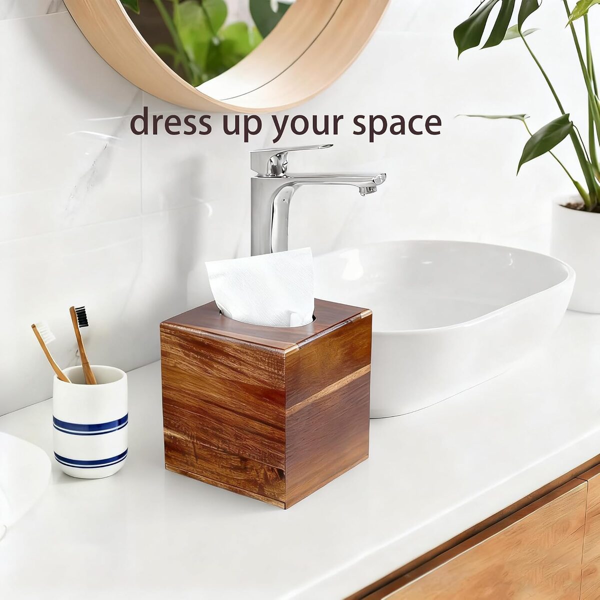 Acacia Wood Tissue Box Cover, Square Decorative Tissue Holder For Bathroom, Bedroom, Living Room, Office And Home Decor