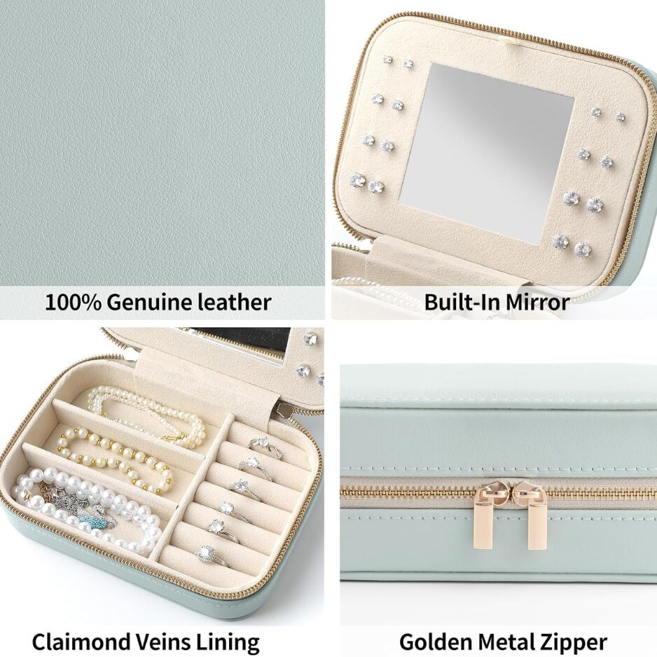 Genuine Leather Travel Jewelry Organizer Case With Mirror For Women, Small Mini Portable Jewelry Box For Ring Earrings Necklace Bracelet Luxury Gift For Women