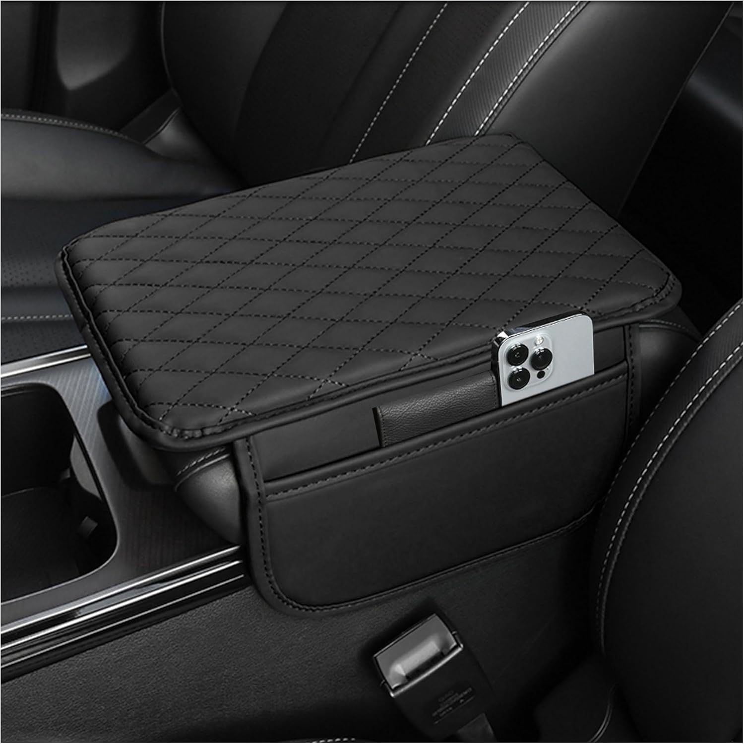 Black Car Center Console Cover, Microfiber Leather Armrest Cushion With 2 Storage Bags, Universal Car Armrest Organizer